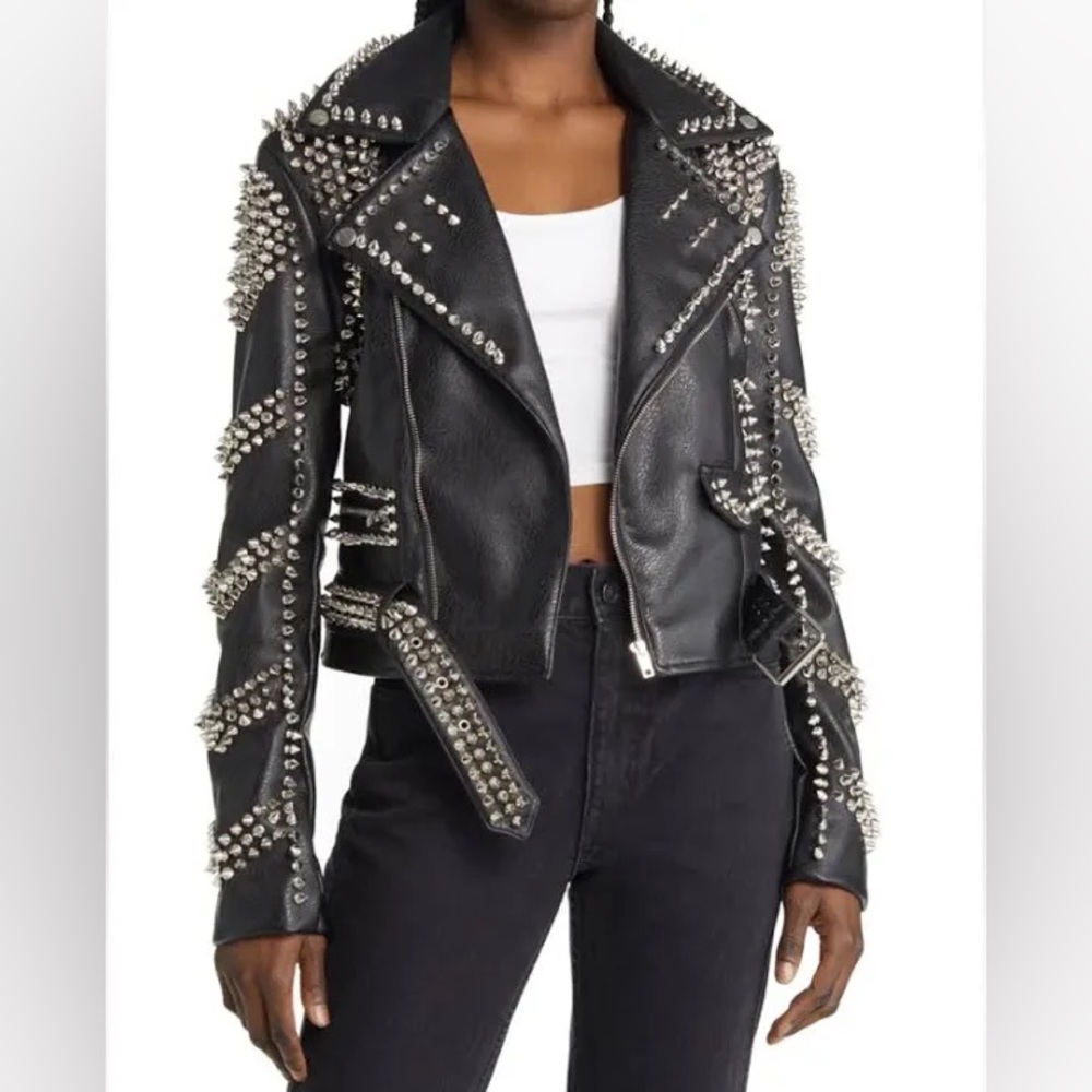 AZALEA WANG SOFI-X Faux Vegan Leather Studded Studs Moto Jacket